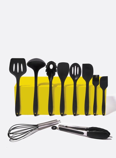 اشتري أدوات مطبخ أنيقة مصنوعة من السيليكون مع ملاعق ومخفقة وملاقط طقم من 10 قطع، أسود في السعودية