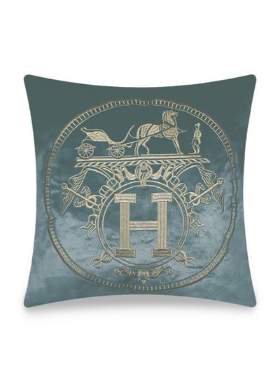 Buy H Letter Embroidered Cushion Cover Blue/Silver 45x45cm in UAE