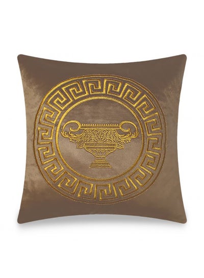 Buy Velvet Baroque Embroidered Cushion Cover Brown/Gold 45x45cm in UAE