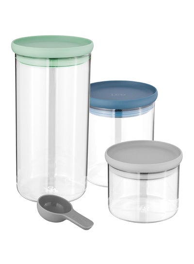 Buy 3-Piece Glass Food Container With Spoon Clear/Green/Blue in Egypt