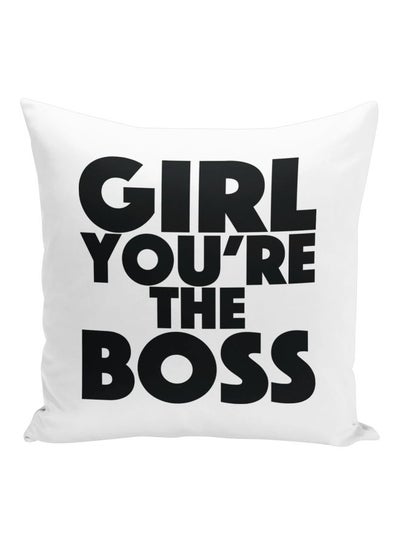 Buy Girl You're The Boss Printed Decorative Pillow White/Black 16x16inch in UAE