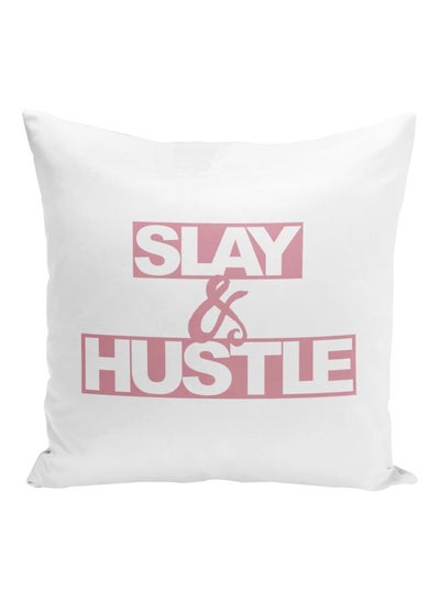 Buy Slay And Hustle Printed Decorative Pillow White/Pink 16x16inch in UAE