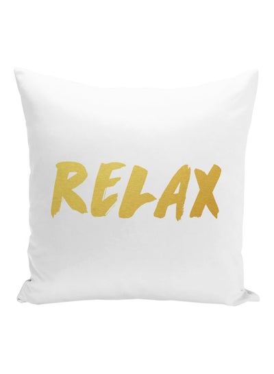 Buy Relax Printed Decorative Pillow White/Gold 16x16inch in UAE