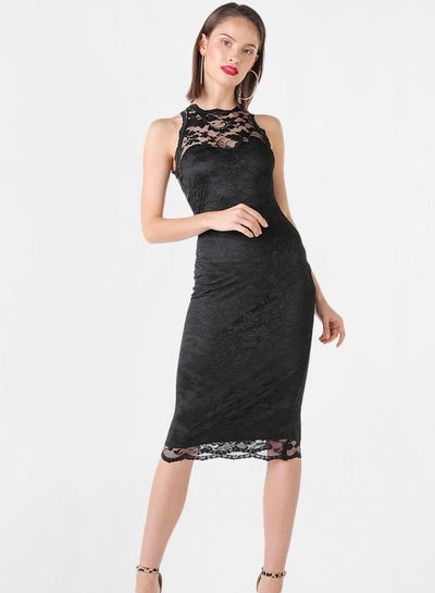 Buy Mayaadi Lace Overlay Yoke Dress Black in UAE