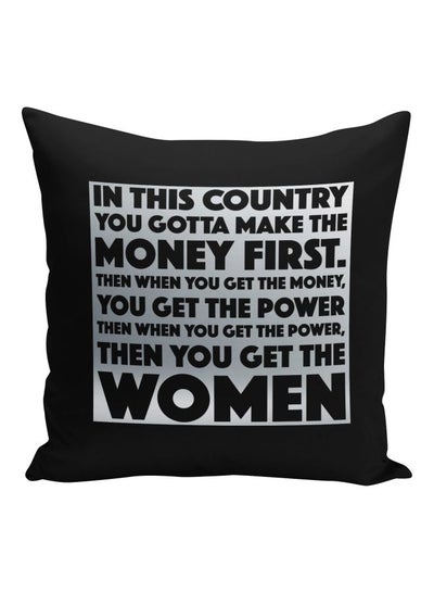 Buy Money First Quote Printed Decorative Pillow Black/Silver 16x16inch in UAE