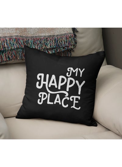 اشتري وسادة زينة مطبوع عليها عبارة "My Happy Place" أسود/ لؤلؤي/ أبيض 16x16بوصة في الامارات