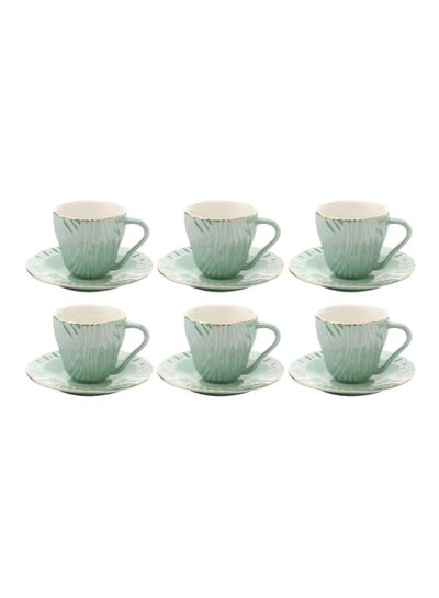 Buy 12-Piece Porcelain Coffee Set Green/White/Gold Saucers 6x14centimeter in Saudi Arabia