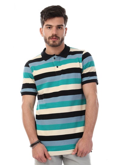 Buy Striped Short Sleeves Polo Shirt Aqua/Turquoise/Black in Egypt