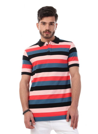 Buy Striped Short Sleeves Polo Shirt Grey/Pink/Rose in Egypt
