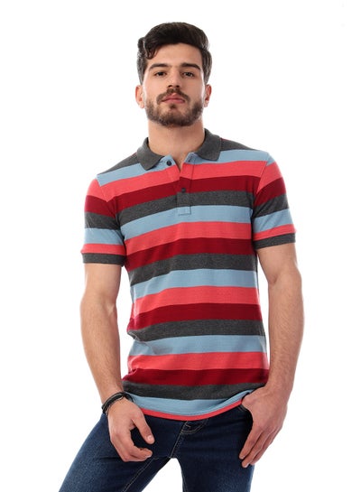 Buy Striped Short Sleeves Polo Shirt Pink/Burgundy/Olive in Egypt