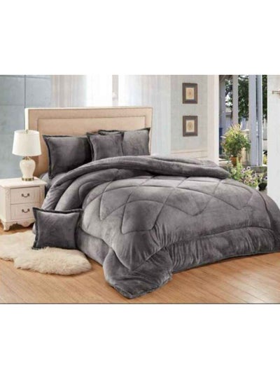 اشتري 6-Piece Winter Fur Comforter Set Microfibre Dark Grey King في الامارات