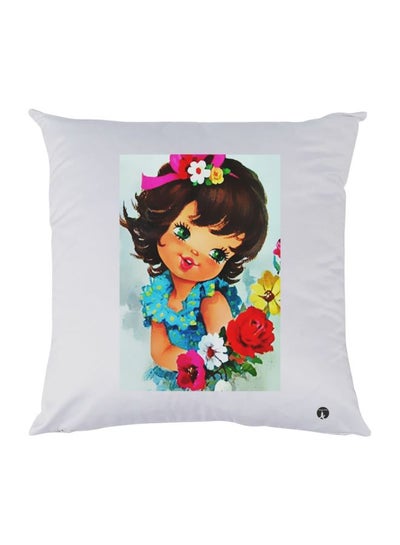 Buy Cartoon Girl Printed Decorative Throw Pillow White/Blue/Red 30x30cm in UAE