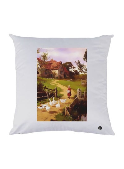 Buy Village Scene Printed Decorative Throw Pillow White/Green/Brown 30x30cm in UAE