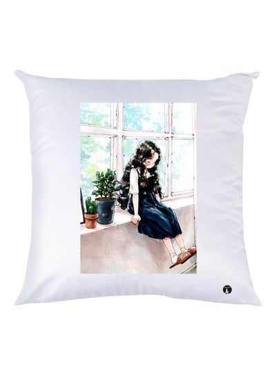 Buy Girl Printed Decorative Throw Pillow White/Blue/Beige 30x30cm in UAE