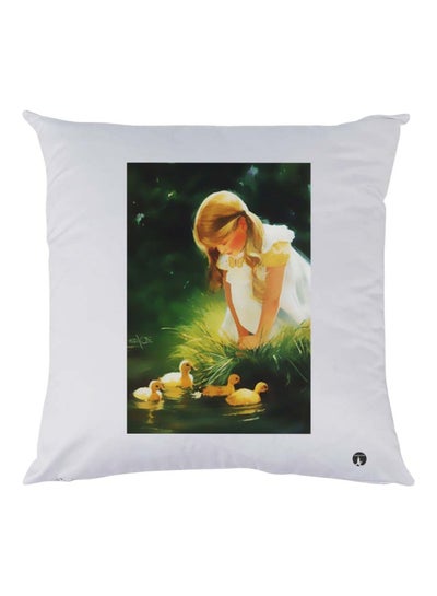 Buy Girl With Duck Printed Cushion Polyester White/Green/Yellow 30x30cm in UAE