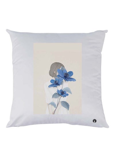 Buy Girl With Flower Printed Throw Pillow White/Blue/Beige 30x30cm in UAE