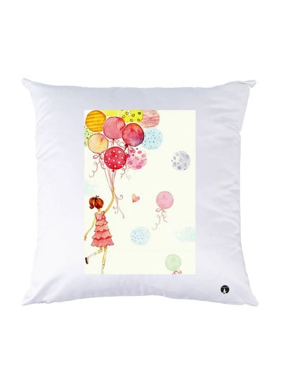 Buy Girl With Balloon Printed Throw Pillow White/Pink/Yellow 30x30cm in UAE