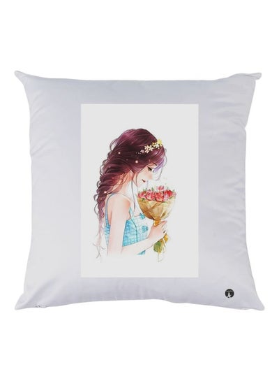 Buy Girl Printed Throw Pillow White/Brown/Blue 30x30cm in UAE