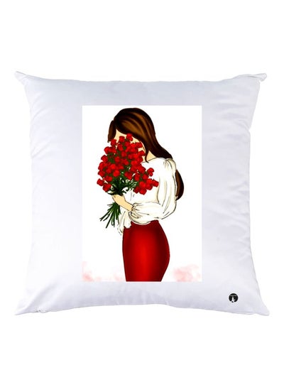 Buy Girl And Flower Printed Throw Pillow White/Red/Brown in UAE