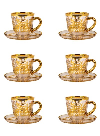 Buy 12-Piece Tea Cup And Saucer Set Clear/Gold 80ml in Saudi Arabia