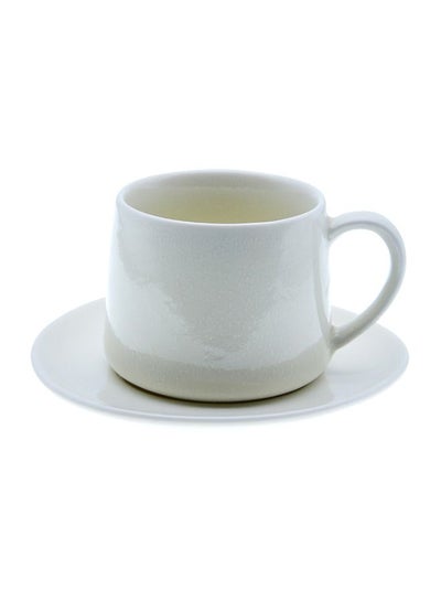 Buy Color Glazed Ceramic Necking Cup And Saucer Set Rice White 11.6x9.3x7.4cm in UAE