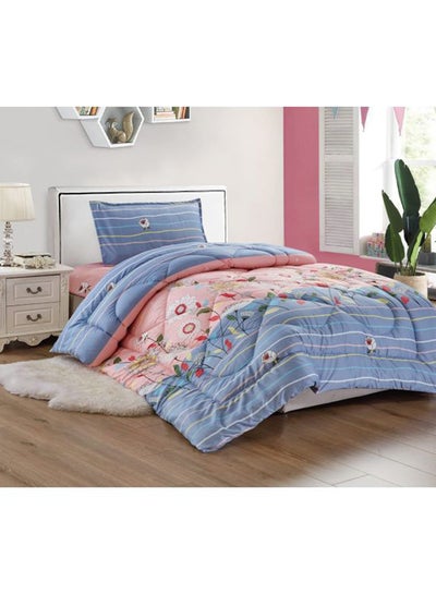 Buy 3-Piece Floral Printed Comforter Set Polyester Blue/Pink/White Single in Saudi Arabia