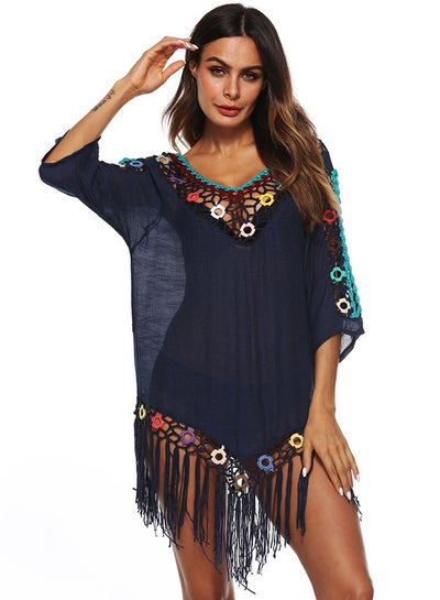 Buy Hollow-Out Tassels Bikini Cover Up Navy Blue in UAE