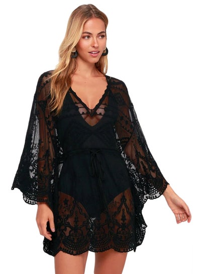 Buy Semi Sheer Lace Bikini Cover Up Black in UAE