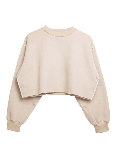 Buy Crew Neck Long Sleeves Cropped Sweatshirt Off White in Saudi Arabia