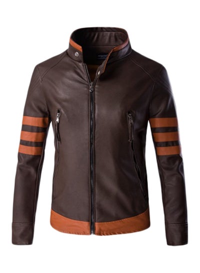 Buy Stand Collar Biker Jacket Brown in Saudi Arabia