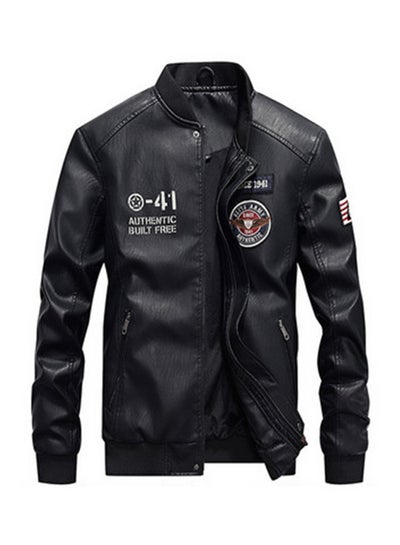 Buy Embroidered Badge Leather Jacket Black in UAE