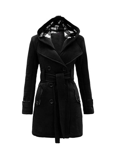 Buy Double Breasted Collared Neck Long Coat Black in UAE