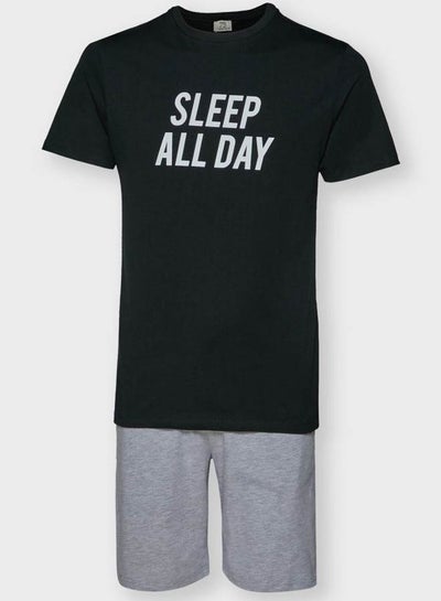 Buy 2-Piece Sleep All Day Printed T-Shirt And Pant Set Black/White/Grey in Saudi Arabia