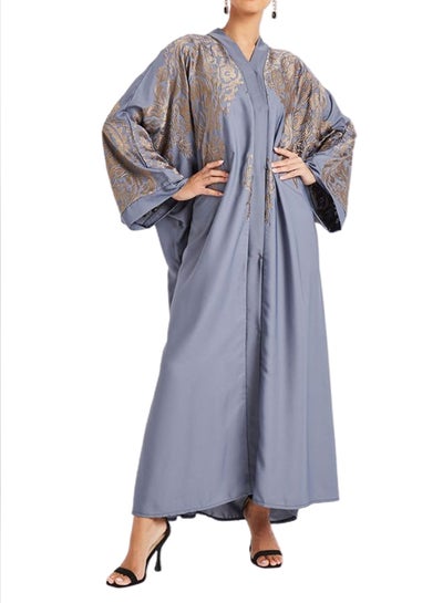 Buy Contrast Embroidered Casual Abaya Grey/Gold in UAE