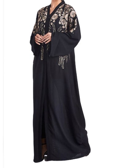 اشتري Contrast Embroidered Casual Abaya Black/Gold في الامارات