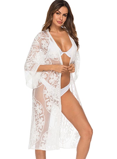 Buy Lace Semi-Sheer Open Front Cover-Up White in UAE