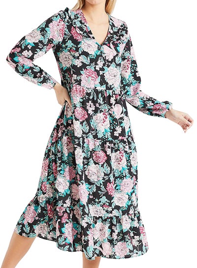 Buy Floral Prairie Collar Long Sleeve Dress Multicolour in UAE