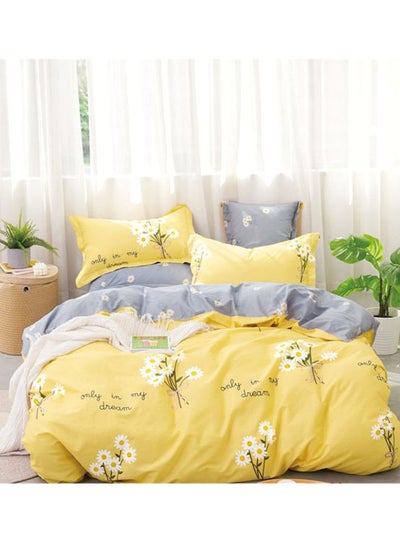 Buy 3-Piece Floral Printed Bedding Set cotton Yellow/White/Grey Single in UAE