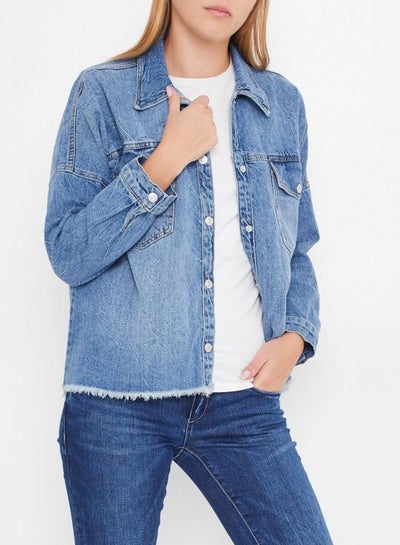 Buy Frayed Hem Denim Jacket Blue in UAE