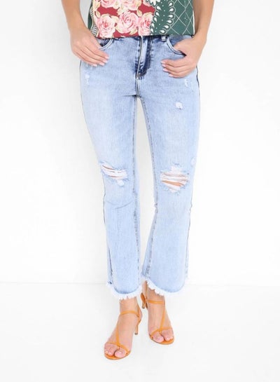 Buy Ripped Flared Hem Jeans Light Blue in UAE