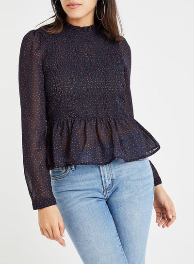 Buy Sheer Dotted Smocked Peplum Top Navy in UAE