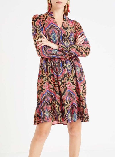 Buy Retro Print Ruffle Hem Dress Black/Pink in UAE