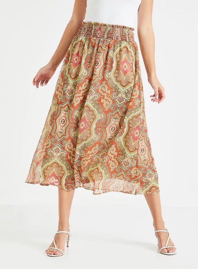 Buy Retro Printed Skirt Red/Green/Brown in UAE