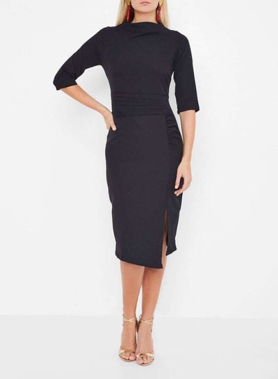 Buy Pleat Detailed High Neck Dress Black in Saudi Arabia