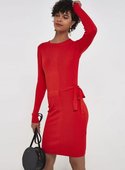 Buy Belted Knit Dress Fiery Red in Saudi Arabia