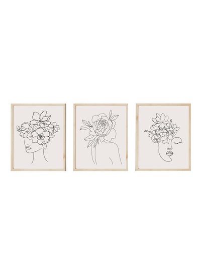 Buy 3-Piece Single Line Art Woman With Flower Portrait Poster With Frame Set White/Black 30x40cm in UAE