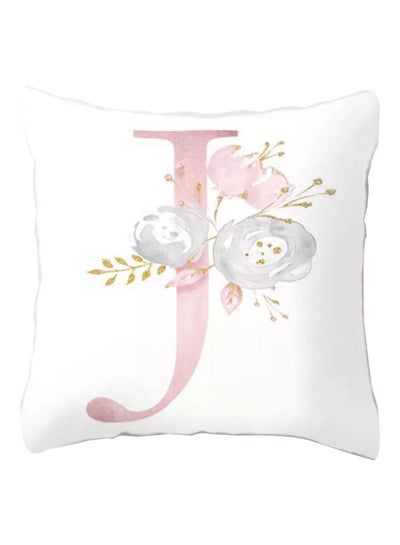 Buy J-Letter Floral Design Cushion Cover White/Pink 45x45cm in UAE