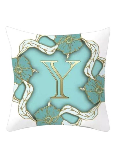 Buy Y-Letter Graphic Design Cushion Cover White/Blue/Gold 45x45cm in UAE