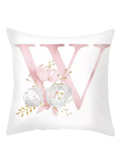 Buy Floral W Letter Printed Cushion Cover White/Pink/Grey 45x45cm in Saudi Arabia