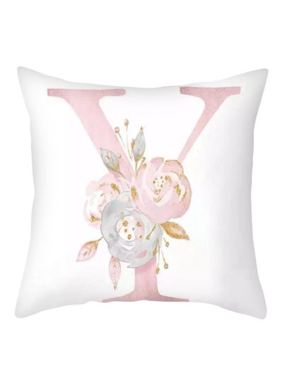 Buy Letter Y Printed Cushion Cover White/Pink/Gold 45x45cm in UAE